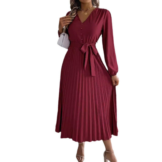 V-neck button tied pleated long skirt dress eprolo