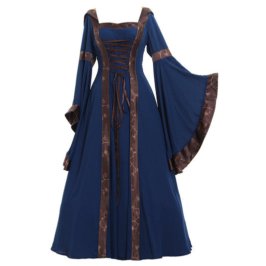 Medieval Halloween Vintage Hooded Square Neck Solid Color Thin Strap Lace Flare Sleeve A-Line Dress eprolo
