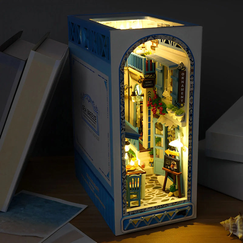 DIY Book Nook Kit 3D Wooden Puzzle Bookshelf Insert Decor with Warm Light DIY Miniature Dollhouse Model Building Kits for Kids eprolo
