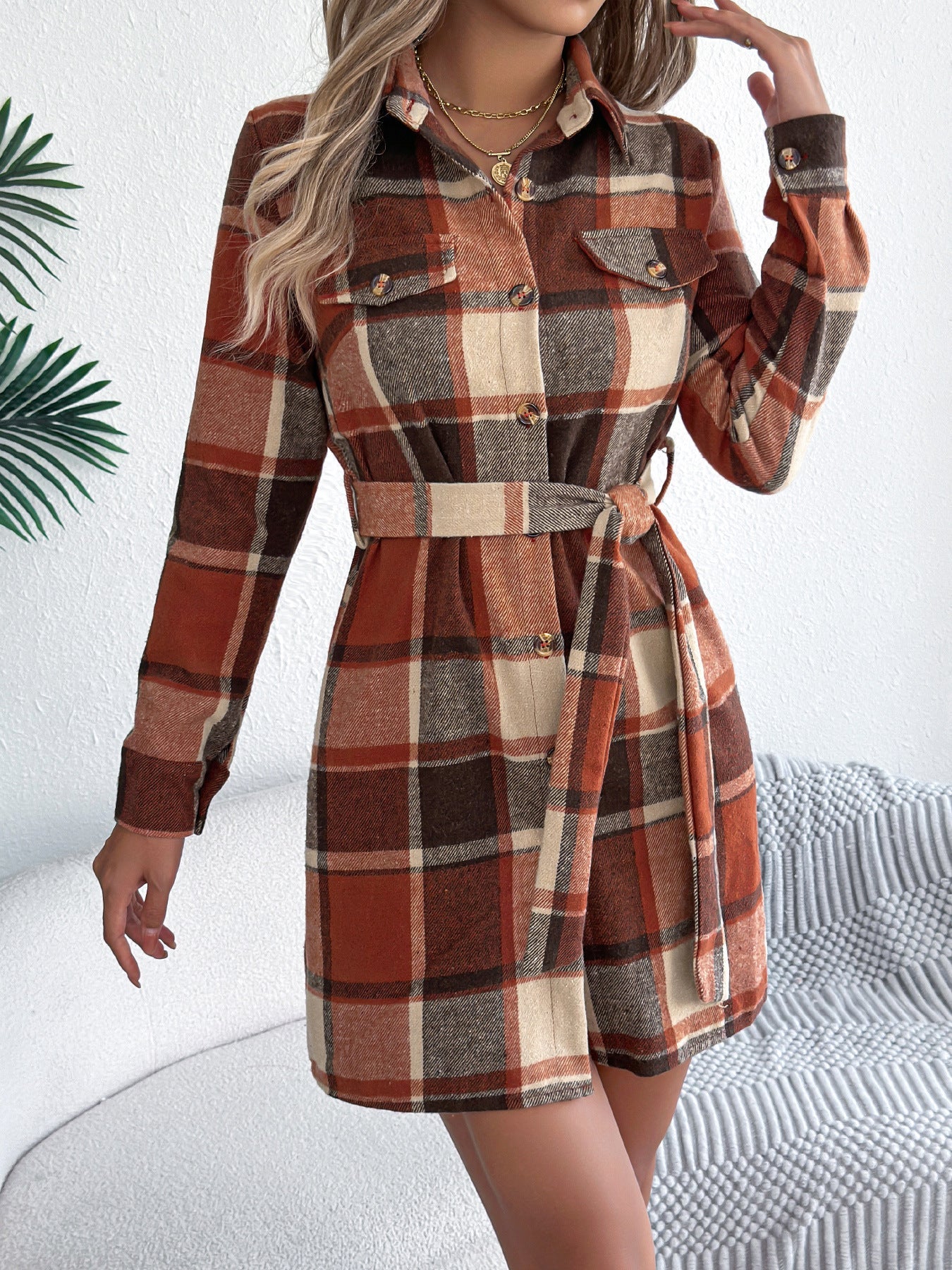 Checkered fake pocket long sleeved lace up woolen shirt skirt eprolo