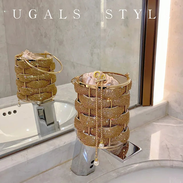 Woven Rhinestone Bucket Bag Woven Clutch Bags Women Boutique Multicolor Crystal Hollow Out Metal Purses And Handbags Wedding eprolo