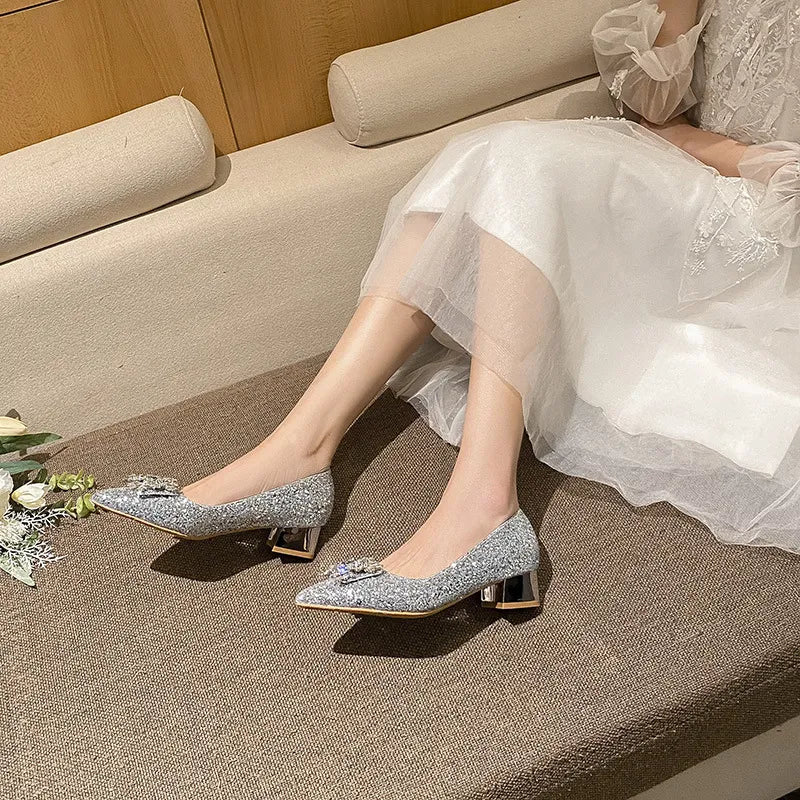 Silver French style mid heeled shoes for women's new square buckle wedding shoes and bridesmaid shoes eprolo