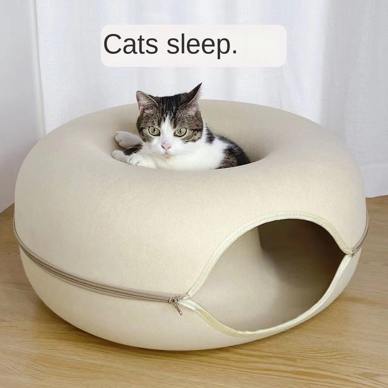 Felt Donut Cat Bed with Zipper Cat Tunnel and Cat Toy Double-Layer Pet Bed for Cats eprolo