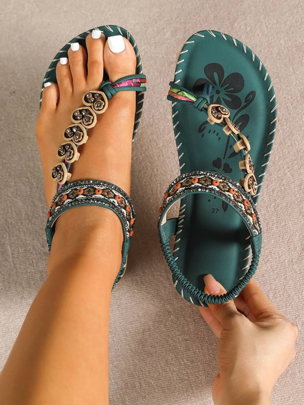 Western Asian ethnic style women's shoes summer fashion beach flat sandals beaded diamond clip on shoes eprolo