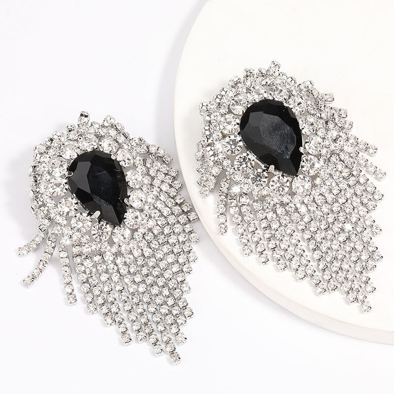 Exaggerated Style Alloy Diamond Rhinestone Water Drop-Shaped Glass Drill Tassel Earrings Female Super Flash Dinner Claw Chain Earrings eprolo