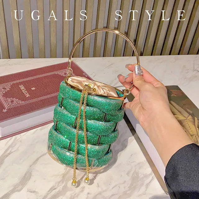 Woven Rhinestone Bucket Bag Woven Clutch Bags Women Boutique Multicolor Crystal Hollow Out Metal Purses And Handbags Wedding eprolo