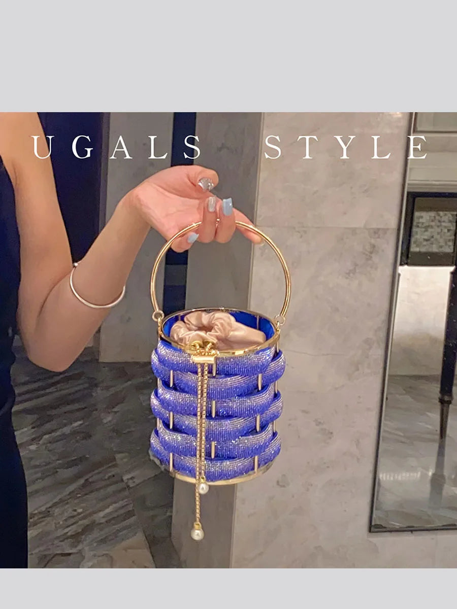 Woven Rhinestone Bucket Bag Woven Clutch Bags Women Boutique Multicolor Crystal Hollow Out Metal Purses And Handbags Wedding eprolo