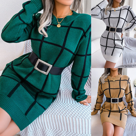 Casual contrasting plaid long sleeved base woolen dress eprolo