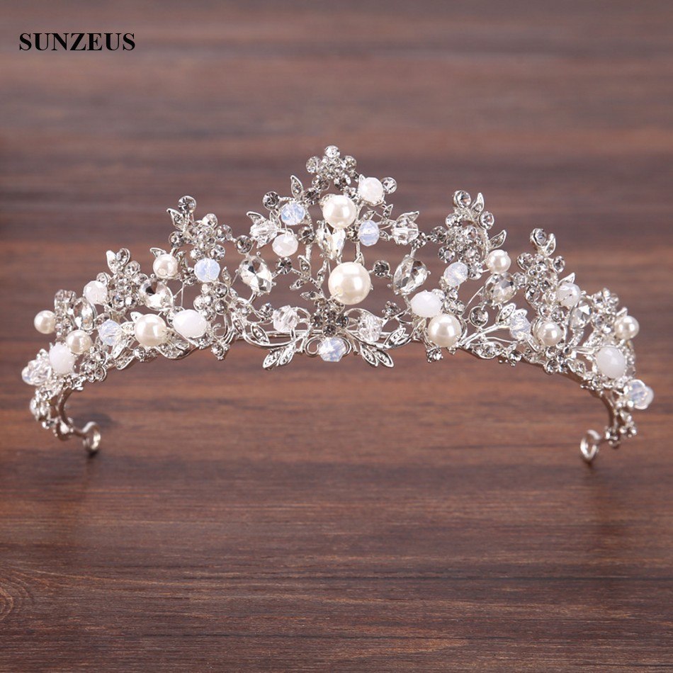 Silver Crystal Bridal Tiara With Pearls Headband Wedding Crown For Brides Marriage Accessories eprolo