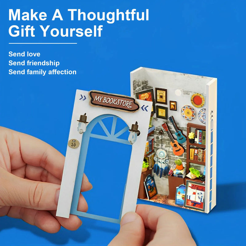 DIY Book Nook Kit 3D Wooden Puzzle Bookshelf Insert Decor with Warm Light DIY Miniature Dollhouse Model Building Kits for Kids eprolo