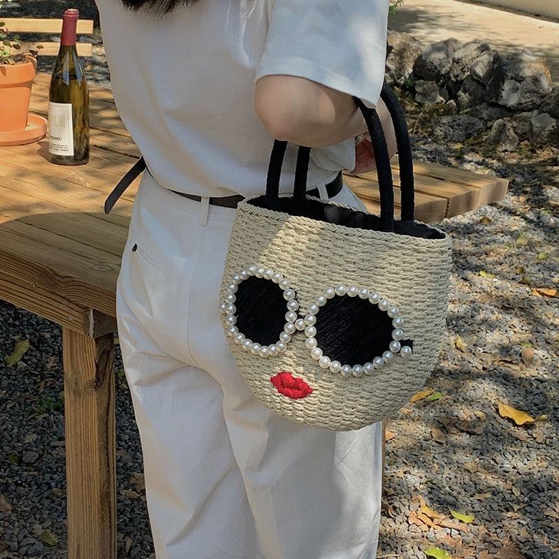 Japanese fashion rattan woven handbag, cute cartoon Japanese style water bucket woven bag eprolo