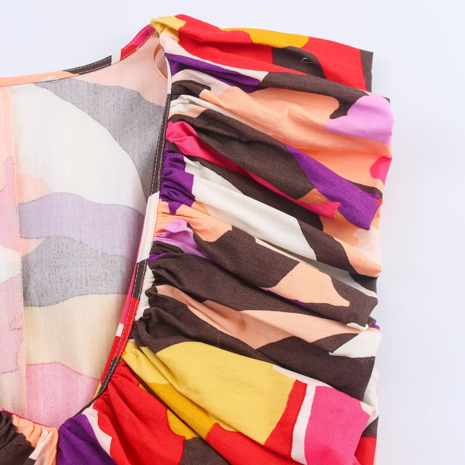 V-neck ruffled waist cinched printed dress for women eprolo