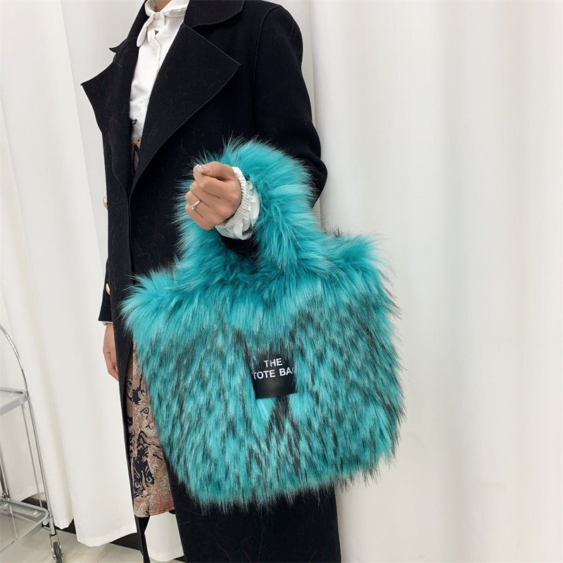 Crossbody Tote Bag Imitation Raccoon Fur Grass Plush Large Capacity Tote Bag Personalized Retro eprolo