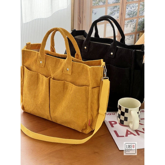 Autumn Winter Multi-Pocket Thick Corduroy Simple Commuter Tote Student Leisure Literary Handbag Shoulder Bag eprolo
