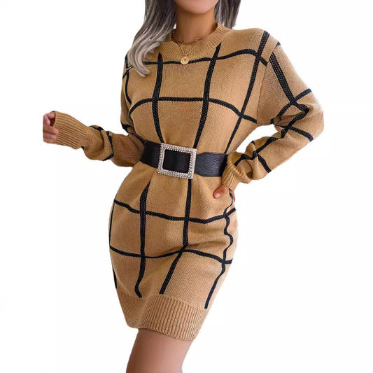 Casual contrasting plaid long sleeved base woolen dress eprolo