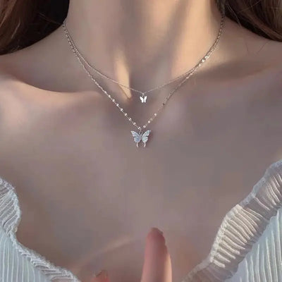 Flash Diamond Butterfly Double Layer Necklace for Women