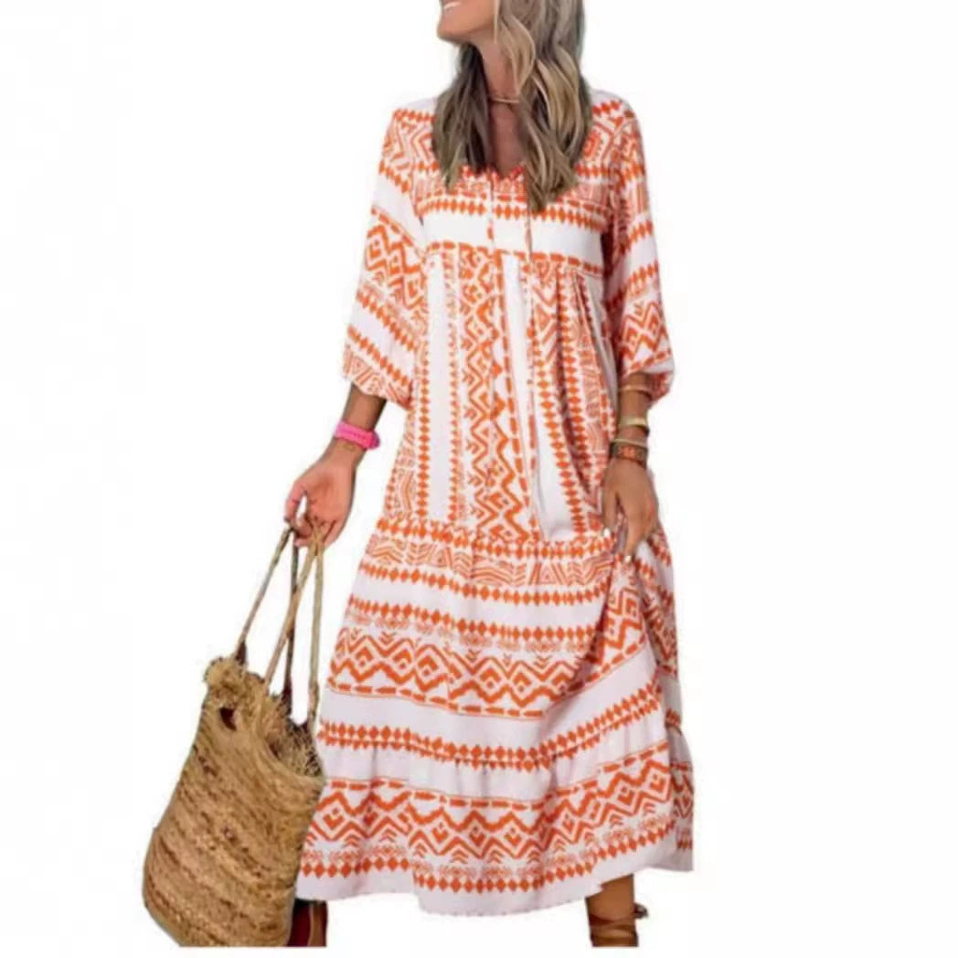 Summer Women's Vintage Printed Bohemian Dress Elegant Ladies Casual Loose V-Neck Short Sleeve Long Dresses Shopera