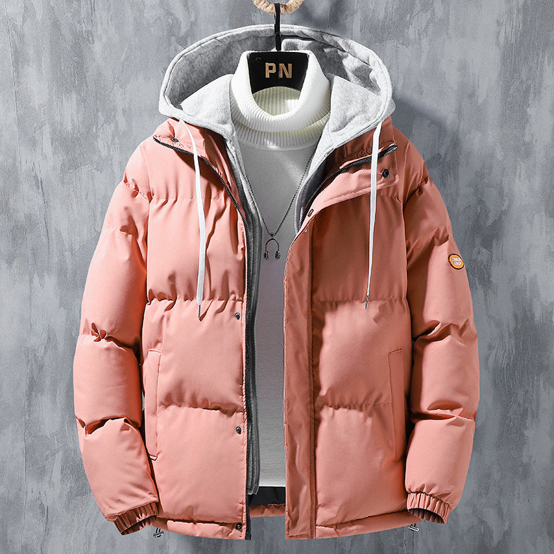 Fashion Hooded Jacket Men Winter Windproof Thickened Fake Two-piece Coat Solid Leisure Sports Cotton Jacket Shopera