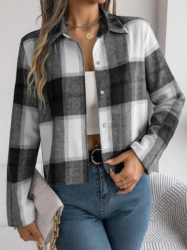 Women's Casual Jacket, Elegant Women's Clothing, High-end Plaid Short Lapel Shirt null
