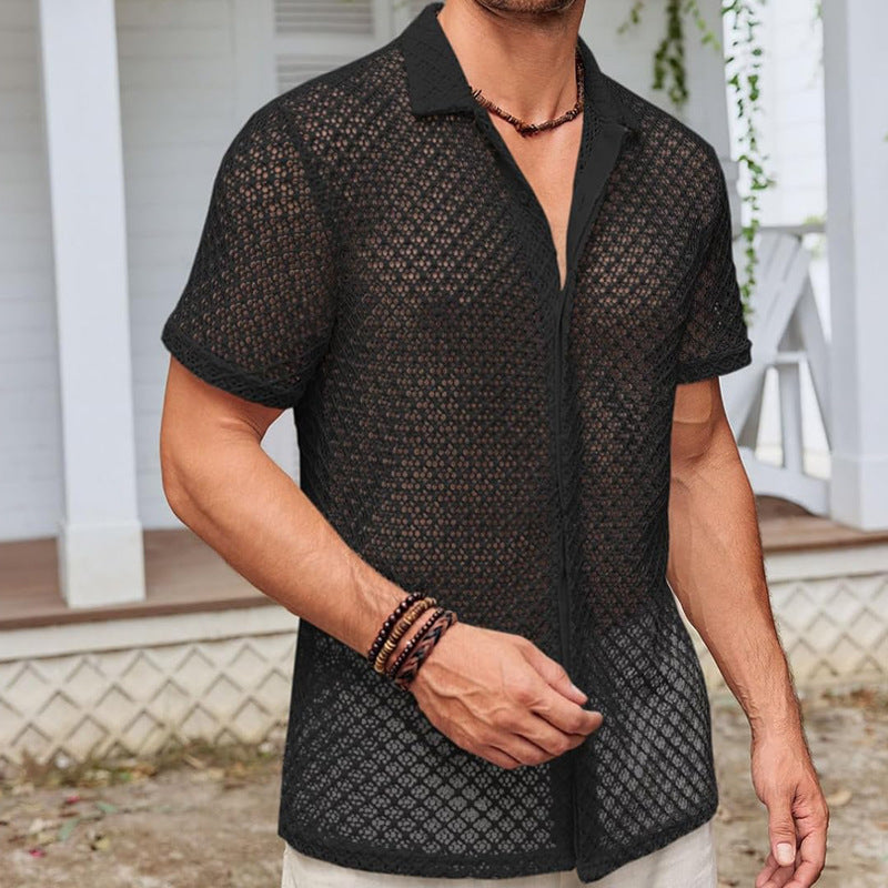 Summer Mesh Short Sleeve Shirt Fashion Solid Color Lapel Shirt Tops Beach Men Clothing Shopera