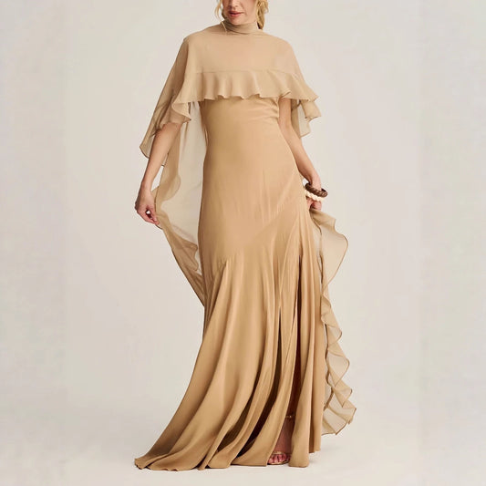 Elegant High-neck Ruffled Cape Gown With Graceful Evening Dress