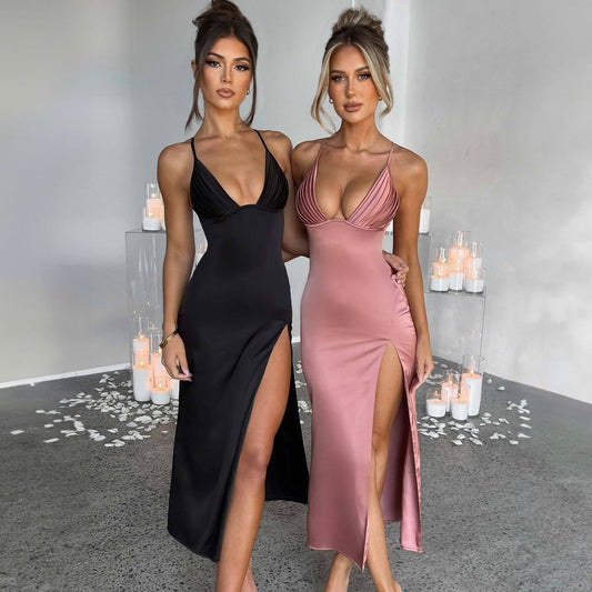 Spaghetti Strap Dress With Split Design Deep V-neck Sleeveless Backless Bodycon Party Dresses For Womens Clothing Shopera