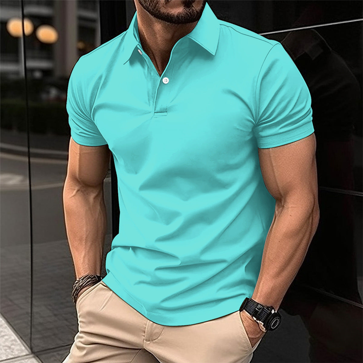 Summer Short Sleeve Polo Shirt Men Solid Color Button Lapel Button Top Shopera