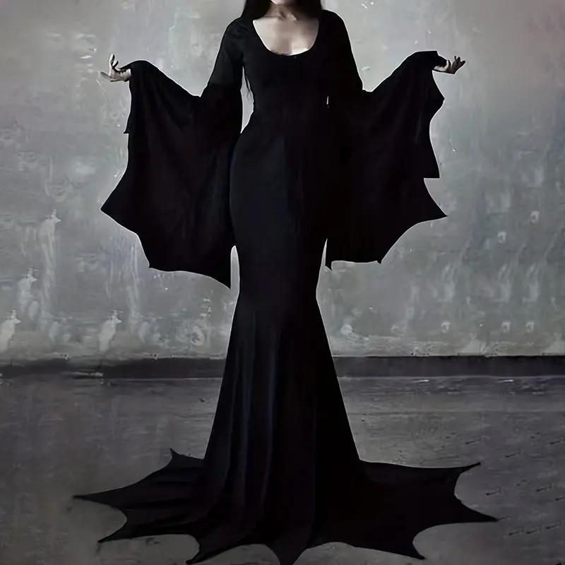Black Costume Womens Gothic Witch Bat Sleeve Dress Halloween Cosplay Costumes Vintage Carnival Party Outfit null