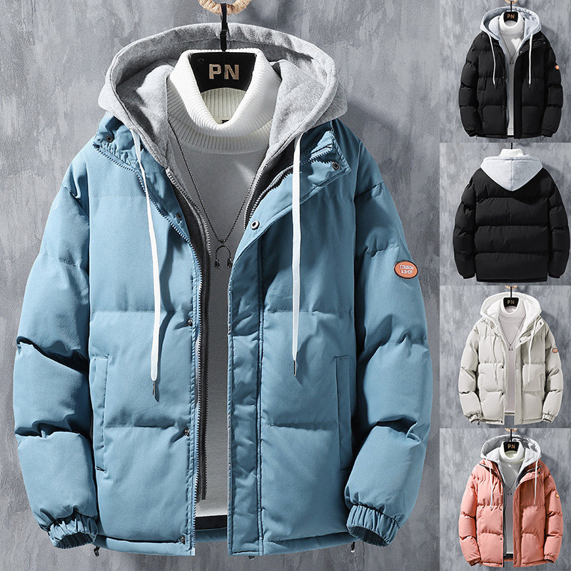 Fashion Hooded Jacket Men Winter Windproof Thickened Fake Two-piece Coat Solid Leisure Sports Cotton Jacket Shopera