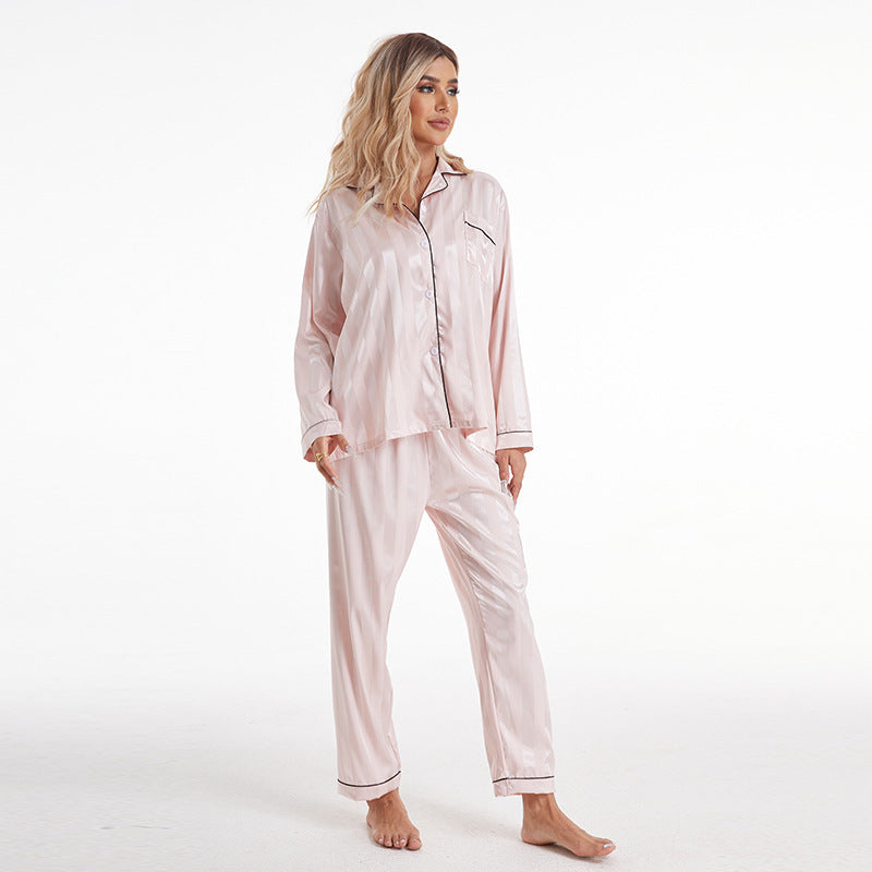 Artificial Silk Bold Stripes Long-sleeved Home Wear European And American Style Pajamas Plus Size Shopera