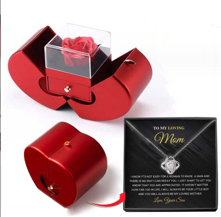 Fashion Jewelry Box Red Apple Christmas Gift Necklace Eternal Rose For Girl Mother's Day Valentine's Day Gifts With Artificial Flower Rose Flower Jewelry Box Shopera