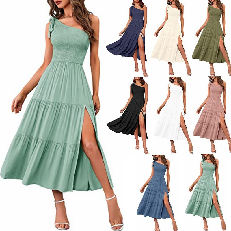 New Summer Fashion Women's One-shoulder Pleated Layered Hem Split Dress Shopera