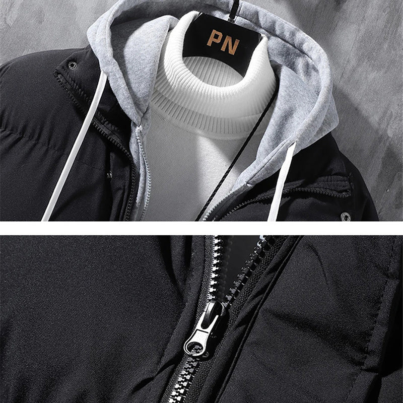 Fashion Hooded Jacket Men Winter Windproof Thickened Fake Two-piece Coat Solid Leisure Sports Cotton Jacket Shopera
