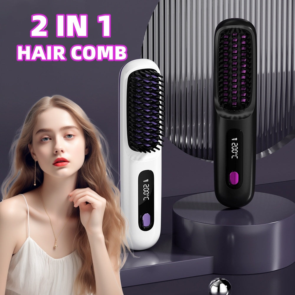 2 In 1 Straight Hair Comb Wireless Hair Straightener Brush Hair Fast Heating Portable Hot Curler USB Charging Shopera