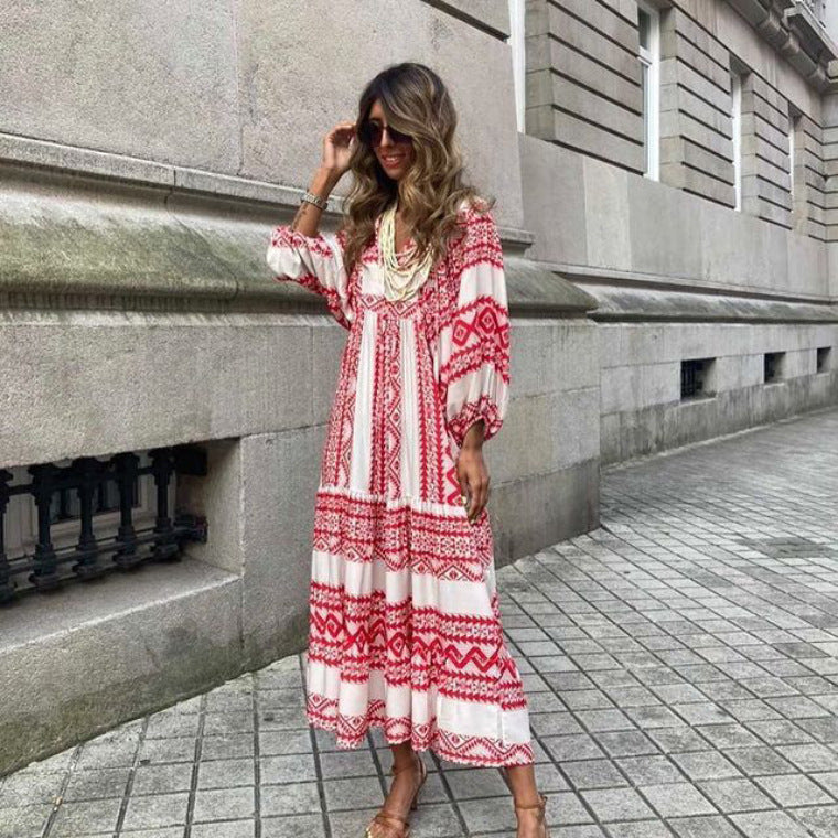 Summer Women's Vintage Printed Bohemian Dress Elegant Ladies Casual Loose V-Neck Short Sleeve Long Dresses Shopera