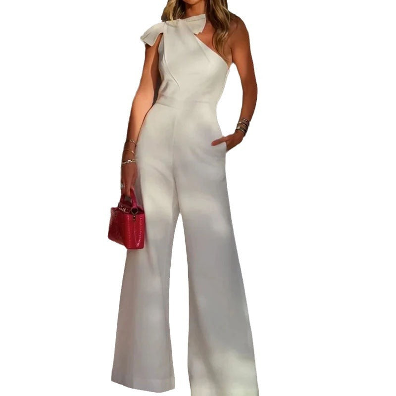 Slant Shoulder Collar Waist Solid Color Wide Leg Jumpsuit Women Shopera
