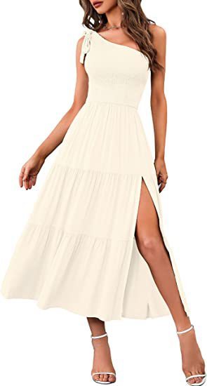New Summer Fashion Women's One-shoulder Pleated Layered Hem Split Dress Shopera