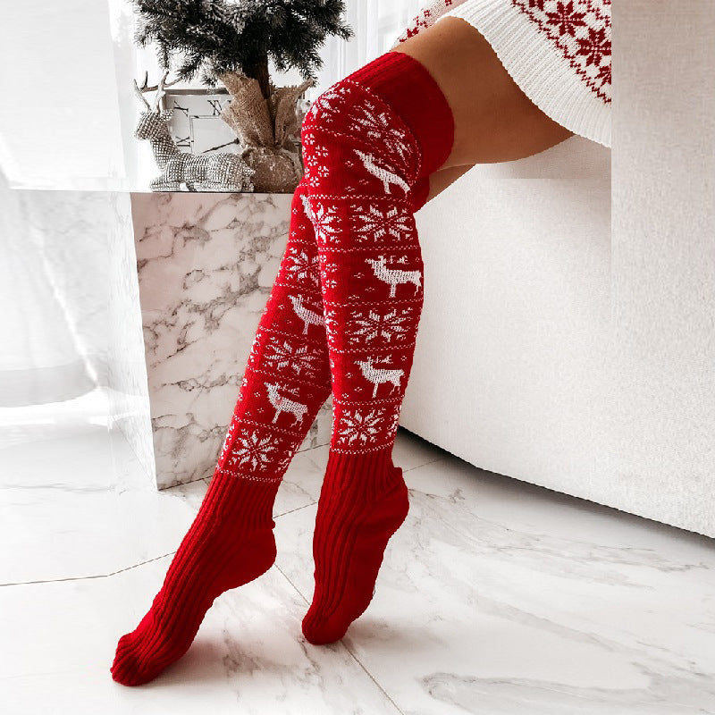 Winter Christmas Warm Knitted Women Stocking Beautiful Elk Snowflake Jacquard Over-the-knee Casual Long Socks For Ladies Gifts Free Size Shopera