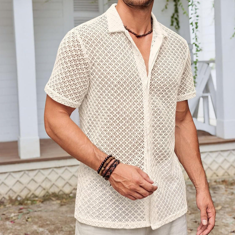 Summer Mesh Short Sleeve Shirt Fashion Solid Color Lapel Shirt Tops Beach Men Clothing Shopera