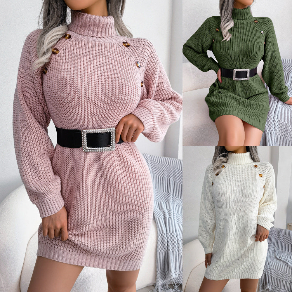 Winter Turtleneck Long Sweater Dress With Button Design Leisure Clinch Long Sleeve Base Sweater Women Shopera