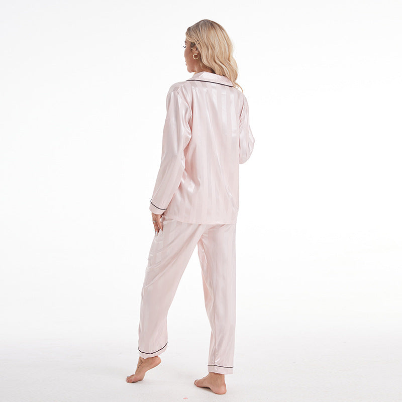 Artificial Silk Bold Stripes Long-sleeved Home Wear European And American Style Pajamas Plus Size Shopera