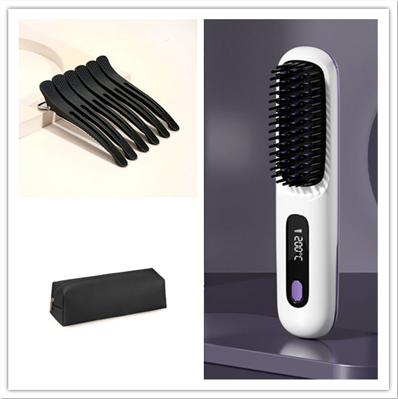 2 In 1 Straight Hair Comb Wireless Hair Straightener Brush Hair Fast Heating Portable Hot Curler USB Charging Shopera