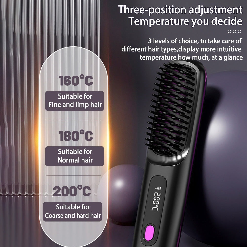 2 In 1 Straight Hair Comb Wireless Hair Straightener Brush Hair Fast Heating Portable Hot Curler USB Charging Shopera