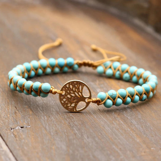 African Pine Life Tree Two-Tone Imperial Stone Double Layer Braided Wrap Bracelet