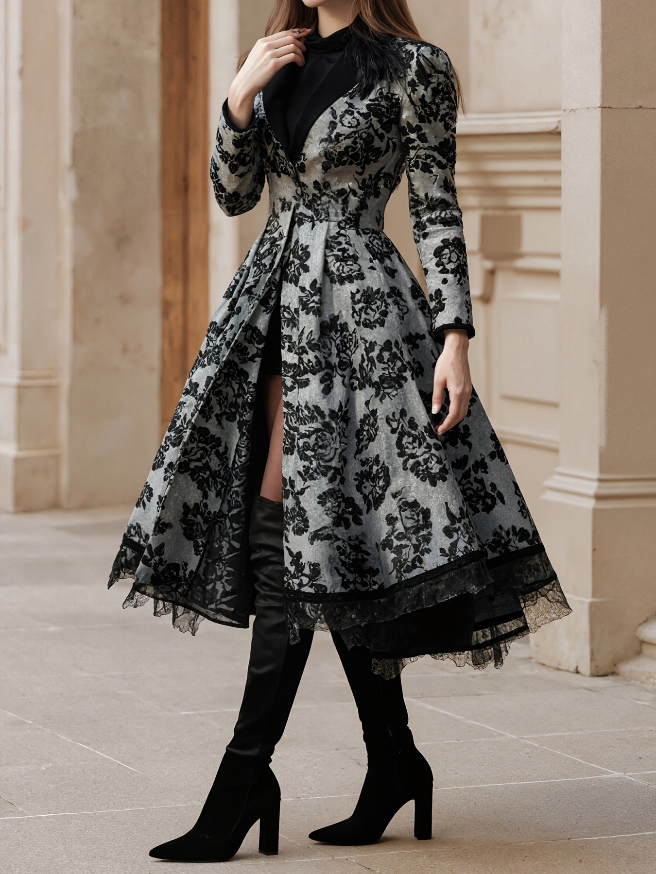2025 New Women's Evening Dress, Lace Decoration, Collar, Flower Print Press, Long Sleeve, Dance Dress Shopera