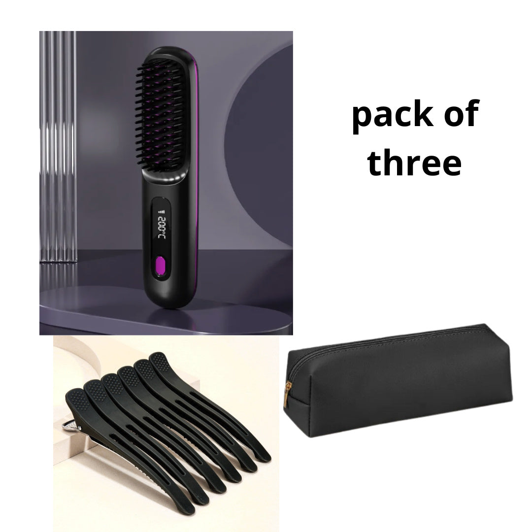 2 In 1 Straight Hair Comb Wireless Hair Straightener Brush Hair Fast Heating Portable Hot Curler USB Charging Shopera