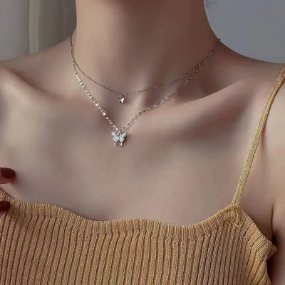 Flash Diamond Butterfly Double Layer Necklace for Women