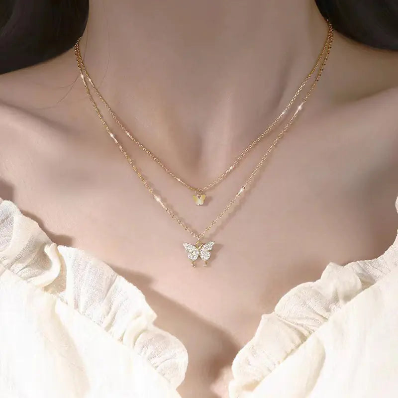 Flash Diamond Butterfly Double Layer Necklace for Women
